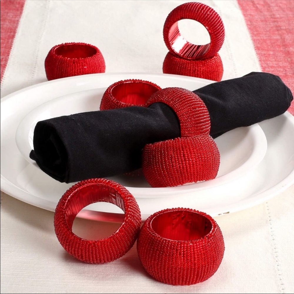 Set of 10 Bombay Shimmering Red Beaded Napkin Rings 2” x 1.5”